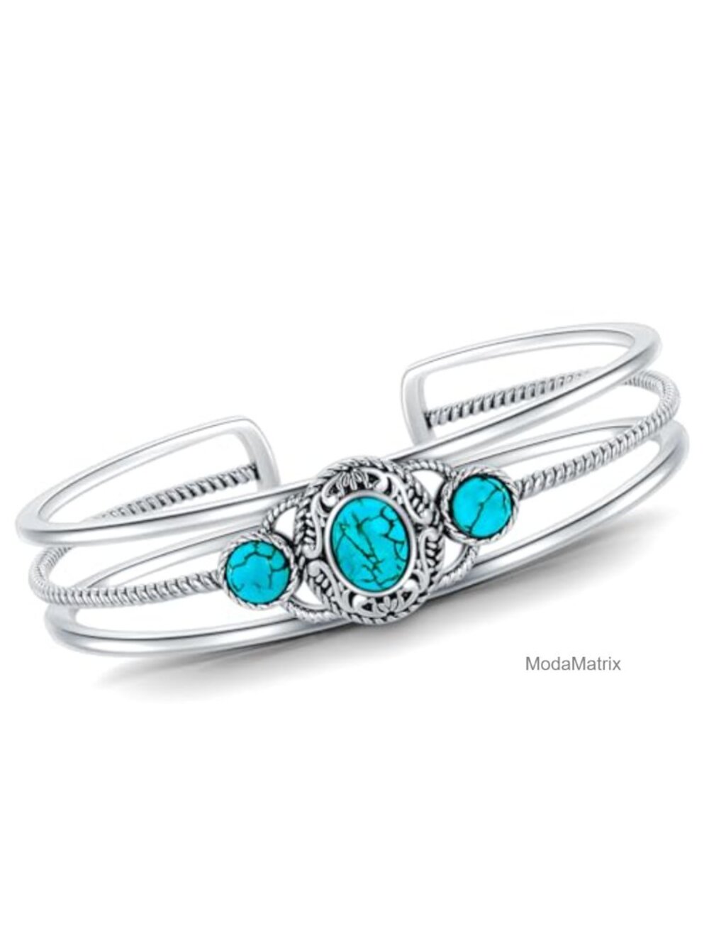 Genuine 3 Turquoise Stone Sterling Silver Adjustable Bangle Cuff Bracelet
